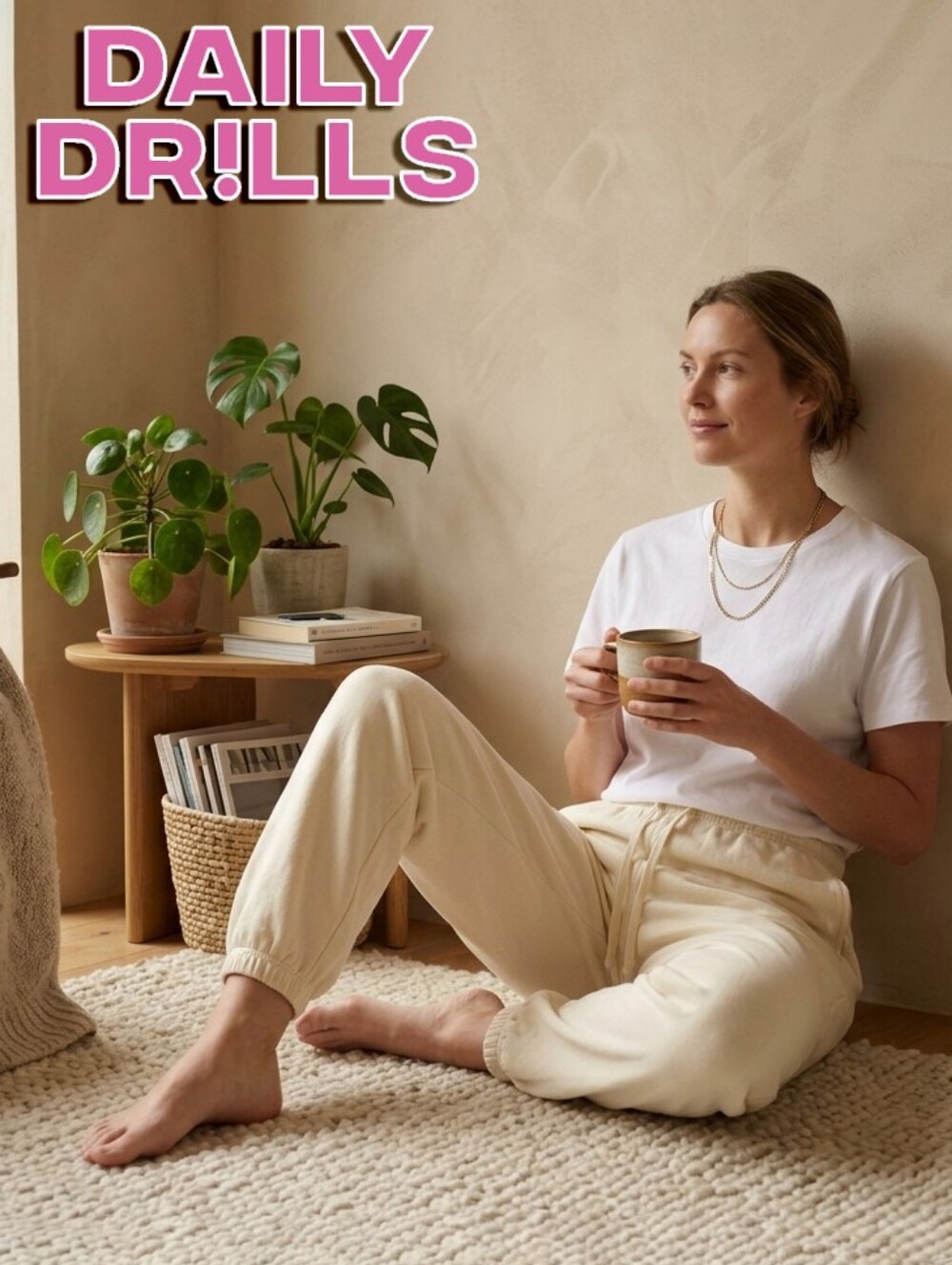 Daily Drills Cream Joggers Sweatpants Unisex Sz XS/S Pink Logo Patch Loungewear